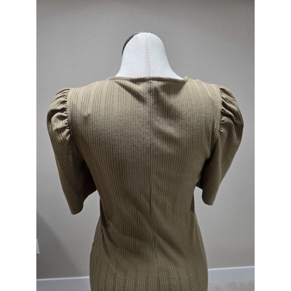 Ribbed Puff Sleeve Midi Dress With V-Neckline In Olive Green - Picture 6 of 8